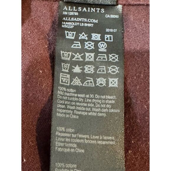 ALLSAINTS Humboldt Men’s Oxblood Red Long Sleeve Button-Up Shirt Size Cotton - Picture 12 of 13